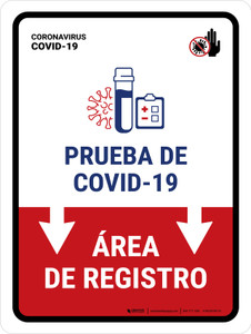 Covid-19 Testing Registration Area With Icon Down Arrow Spanish Portrait - Wall Sign