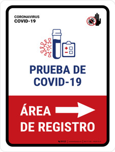 Covid-19 Testing Registration Area With Icon Right Arrow Spanish Portrait - Wall Sign