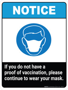 Notice If You Do Not Have A Proof Of Vaccination, Please Continue To Wear Your Mask ANSI Portrait - Wall Sign
