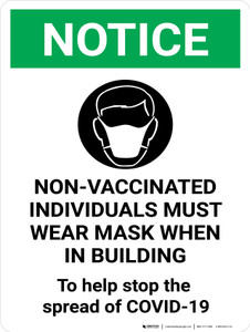Notice Green - Non Vaccinated Individuals Must Wear Mask Sign Portrait - Wall Sign
