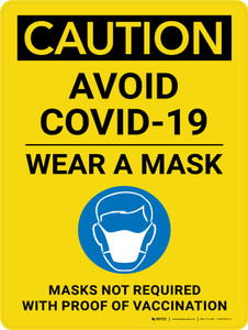 Caution: Avoid Covid-19 Wear A Mask - Masks Not Required With Proof Of Vaccination Portrait - Wall Sign
