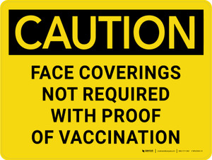 Caution: Face Coverings Not Required With Proof Of Vaccination Landscape - Wall Sign