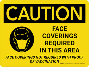 Caution: Face Coverings Required In This Area - Not Required With Proof Of Vaccination Landscape - Wall Sign