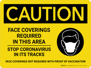 Caution: Face Coverings Required In This Area Stop Coronavirus - Not Required Proof Of Vaccination Portrait - Wall Sign