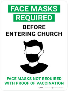 Face Masks Required Before Entering Church - Face Masks Not Required With Proof Of Vaccination Green with Icon Portrait - Wall Sign