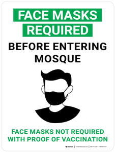 Face Masks Required Before Entering Mosque - Masks Not Required With Proof Of Vaccination Green with Icon Portrait - Wall Sign