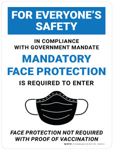 For Everyone's Safety: In Compliance With Government Mandate Mandatory Face Protection Is Required - Not Required With Proof Of Vaccination Portrait - Wall Sign