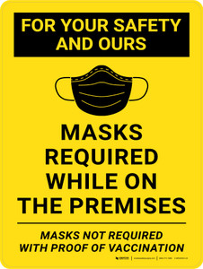 For Your Safety And Ours - Masks Required While On The Premises - Masks Not Required With Proof Of Vaccination Yellow Portrait - Wall Sign