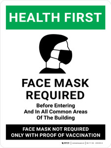 Health First: Face Masks Required Before Entering Common Areas - Face Mask Not Required With Vaccination Portrait - Wall Sign