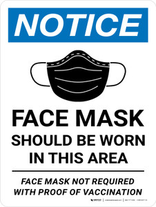 Notice: Face Mask Should Be Worn In This Area - Face Mask Not Required With Proof Of Vaccination Portrait - Wall Sign