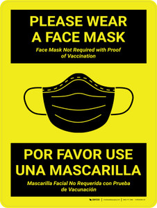 Please Wear A Face Mask - Not Required With Proof Of Vaccination Bilingual Spanish Yellow Portrait - Wall Sign