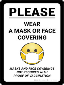 Please Wear A Mask Or face Covering Masks And Face Coverings - Not Required With Proof Of Vaccination with Emoticon Portrait - Wall Sign
