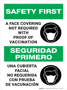 Safety First: Face Covering Not Required With Proof Of Vaccination Bilingual Portrait - Wall Sign