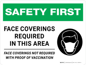 Safety First: Face Coverings Requied In This Area - Face Coverings Not Required With Proof Of Vaccination Landscape - Wall Sign