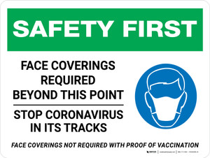 Safety First: Face Coverings Required Beyond This Point Stop Coronavirus In Its Tracks - Face Coverings Not Required With Proof Of Vaccination Landscape - Wall Sign