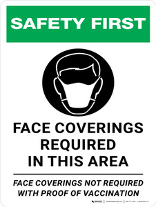 Safety First: Face Coverings Required In This Area - Face Coverings Not Required With Proof Of Vaccination Portrait - Wall Sign
