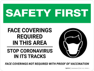 Safety First: Face Coverings Required In This Area Stop Coronavirus - Face Coverings Not Required With Proof Of Vaccination Landscape - Wall Sign