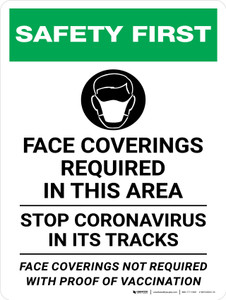Safety First: Face Coverings Required In This Area Stop Coronavirus Face Coverings Not Required With Proof Of Vaccination Portrait - Wall Sign