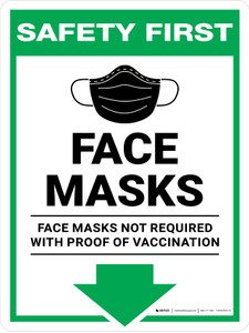 Safety First: Face Masks Arrow Down Icon - Face Masks Not Required With Proof Of Vaccination Portrait - Wall Sign