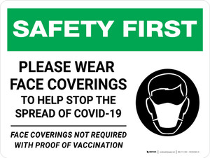Safety First: Please Wear Face Coverings To Help Stop The Spread Of Covid-19 Face Coverings Not Required With Proof Of Vaccination Landscape - Wall Sign
