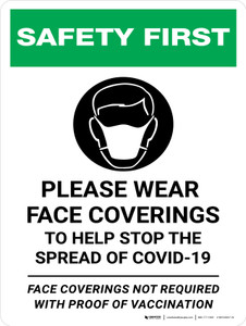 Safety First: Please Wear Face Coverings To Help Stop The Spread Of Covid-19 Face Coverings Not Required With Proof Of Vaccination Portrait - Wall Sign