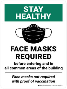 Stay Healthy Face Masks Required Before Entering And In All Common Areas Of The Building Face Masks Not Required With Proof Of Vaccination Portrait - Wall Sign
