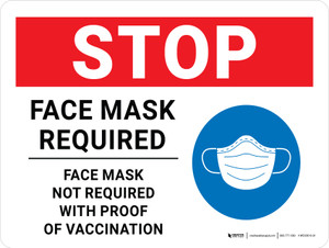 Stop Face Mask Required Face Mask Not Required With Proof Of Vaccination Landscape - Wall Sign