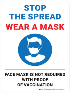 Stop The Spread Wear A Mask Face Mask Is Not Required With Proof Of Vaccination with Icon Portrait - Wall Sign
