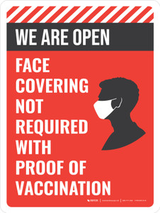 We Are Open - Face Covering Not Required With Proof Of Vaccination Red Portrait - Wall Sign