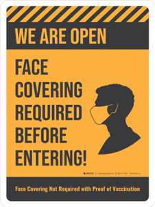 We Are Open Face Covering Required Before Entering - Not Required With Proof Of Vaccination Orange Portrait - Wall Sign