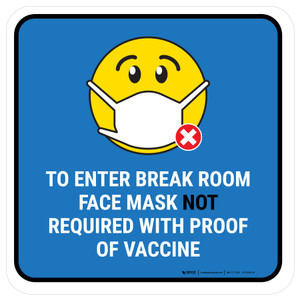 Face Mask Not Required with Proof of Vaccine To Enter Break Room with Emoji Blue Square - Floor Sign