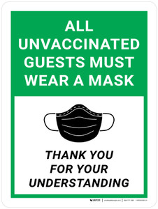 All Unvaccinated Guests Must Wear A Mask - Thank You For Understanding Green Portrait - Wall Sign All Unvaccinated Guests Must Wear A Mask - Thank You For Understanding Green Portrait - Wall Sign