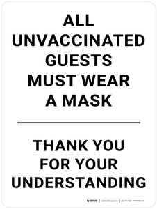 All Unvaccinated Guests Must Wear A Mask - Thank You For Your Understanding Portrait - Wall Sign