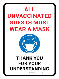 All Unvaccinated Guests Must Wear A Mask - Thank You with Icon Portrait - Wall Sign All Unvaccinated Guests Must Wear A Mask - Thank You with Icon Portrait - Wall Sign