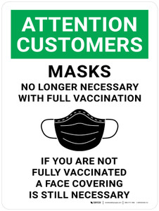 Attention Customers: Masks No Longer Necessary With Full Vaccination - If You Are Not Fully Vaccinated A Face Covering Is Necessary Portrait - Wall Sign