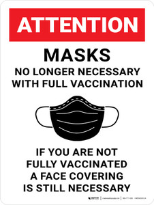 Attention: Masks No Longer Necessary With Full Vaccination - If You Are Not Fully Vaccinated A Face Covering Is Still Necessary - Wall Sign Attention: Masks No Longer Necessary With Full Vaccination - If You Are Not Fully Vaccinated A Face Covering Is Still Necessary - Wall Sign