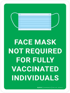 Face Mask Not Required For Fully Vaccinated Individuals with Icon Green Portrait - Wall Sign