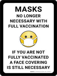 Masks No Longer Necessary With Full Vaccination - If You Are Not Fully Vaccinated A Face Covering Is Still Necessary With Emoticon - Wall Sign