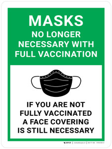 Masks No Longer Necessary With Full Vaccination - If You Are Not Fully Vaccinated A Face Covering Is Still Necessary with Icon Green - Wall Sign Masks No Longer Necessary With Full Vaccination - If You Are Not Fully Vaccinated A Face Covering Is Still Necessary with Icon Green - Wall Sign