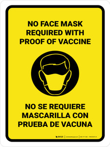 No Face Mask Required With Icon Yellow Bilingual Spanish Portrait - Wall Sign No Face Mask Required With Icon Yellow Bilingual Spanish Portrait - Wall Sign