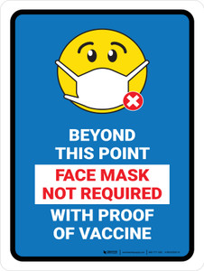 Face Mask Not Required with Proof of Vaccine Beyond This Point with Emoji Blue Portrait - Wall Sign