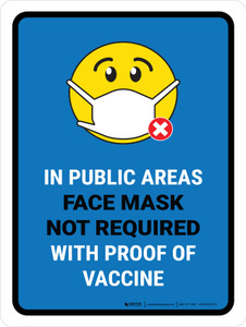 Face Mask Not Required with Proof of Vaccine In Public Areas with Emoji Blue Portrait - Wall Sign
