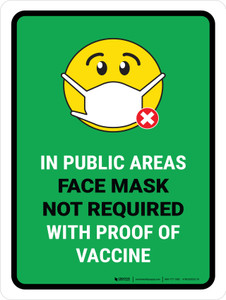 Face Mask Not Required with Proof of Vaccine In Public Areas with Emoji Green Portrait - Wall Sign