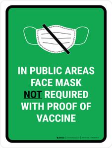Face Mask Not Required with Proof of Vaccine In Public Areas with Icon Green Portrait - Wall Sign