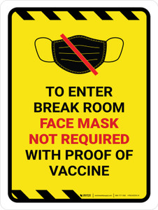 Hazard Face Mask Not Required with Proof of Vaccine To Enter Break Room with Icon Portrait - Wall Sign