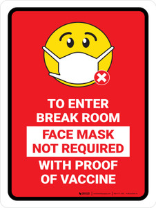 Face Mask Not Requiwith Proof of Vaccine To Enter Break Room with Emoji Red Portrait - Wall Sign