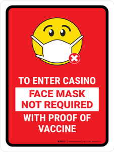 Face Mask Not Requiwith Proof of Vaccine To Enter Casino with Emoji Red Portrait - Wall Sign