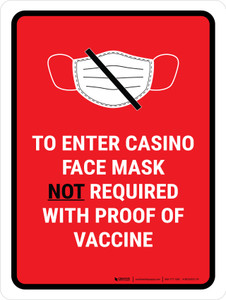 Face Mask Not Requiwith Proof of Vaccine To Enter Casino with Icon Red Portrait - Wall Sign