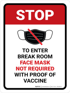 Stop: Face Mask Not Required with Proof of Vaccine To Enter Break Room with Icon Portrait - Wall Sign
