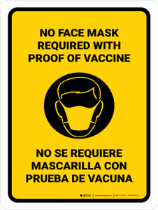 No Face Mask Required with Icon Bilingual Spanish Yellow Portrait - Wall Sign